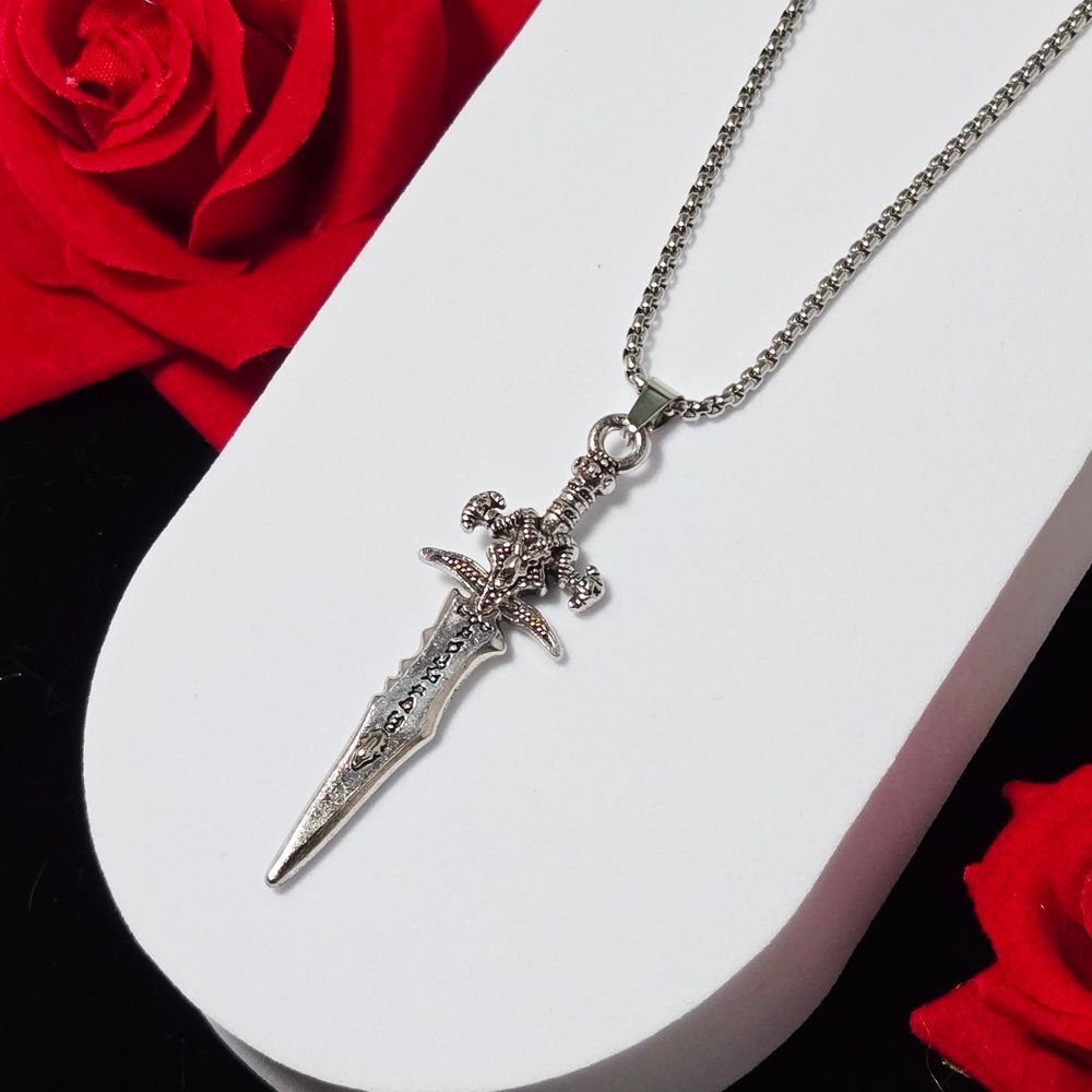 Ram Skull Dagger Necklace 🗡️ Gothic Fantasy Sword Pendant 24” Chain WOW RPG Fan